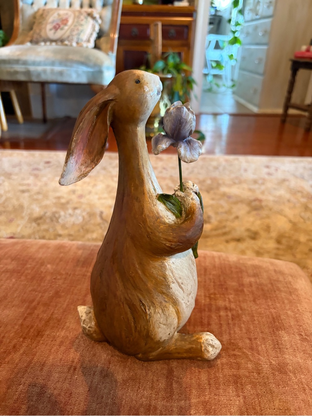 Rustic White & Brown Bunny Figurine Holding Purple Flower - Home Accents ?resin? - Picture 4 of 8
